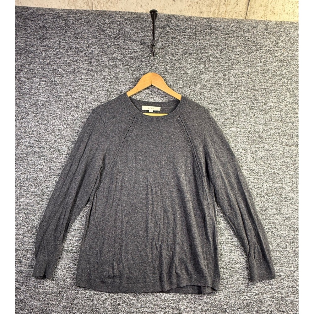 Loft Gray Wool Blend Pointelle Raglan Crew Neck Pullover Sweater Size L